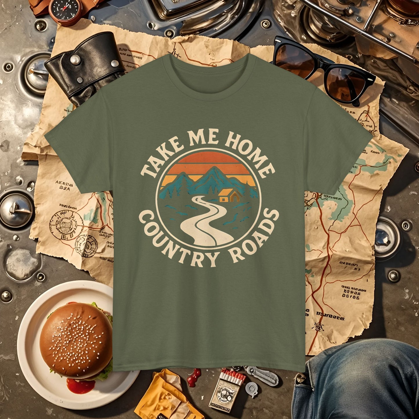 Take Me Home Country Roads T-Shirt – Retro Mountain Road to Cozy Cabin Design Road Trip & Vehicle Travel T-Shirts | Car, RV, and Motorcycle Adventure Tees