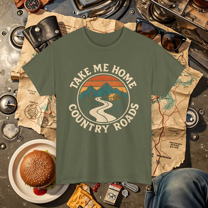 Take Me Home Country Roads T-Shirt – Retro Mountain Road to Cozy Cabin Design Road Trip & Vehicle Travel T-Shirts | Car, RV, and Motorcycle Adventure Tees