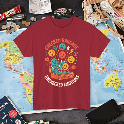 Checked Baggage Unchecked Emotions T-Shirt – Vintage Emoticons Luggage Travel Tee for Emotional Travelers Air Travel T-Shirts | Jetsetter, Airport, and International Flight Tees