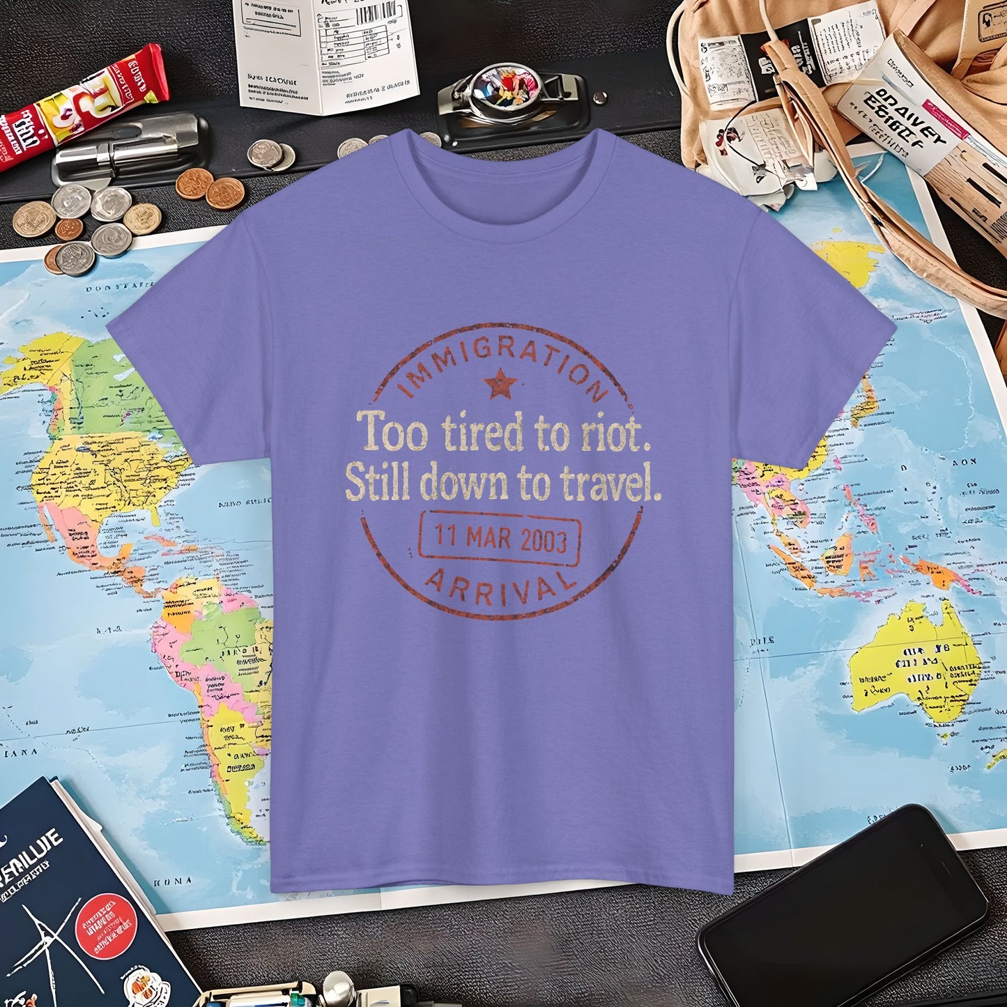 Too Tired to Riot, Still Down to Travel – Vintage Passport Stamp Travel Quote Tee Air Travel T-Shirts | Jetsetter, Airport, and International Flight Tees
