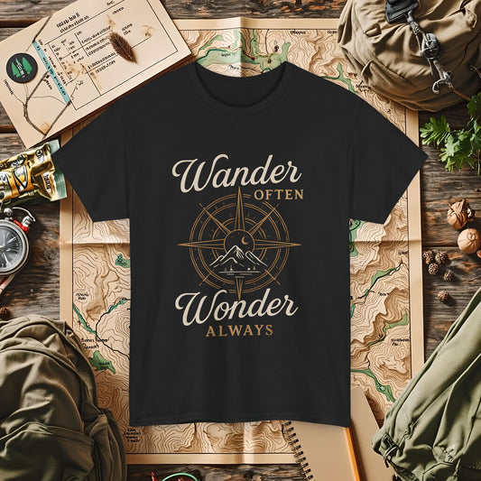 Wander Often, Wonder Always – Compass Quote Travel Tee | Camping, Hiking, Rafting & Kayaking Tees for Nature Lovers