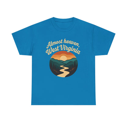 Almost Heaven, West Virginia T-Shirt – Vintage Appalachian Sunset with Winding River Road Trip & Vehicle Travel T-Shirts | Car, RV, and Motorcycle Adventure Tees