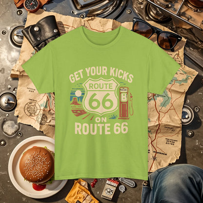 Get Your Kicks on Route 66 T-Shirt – Vintage Desert Scene with Classic Gas Pump & Roadside Vibes Road Trip & Vehicle Travel T-Shirts | Car, RV, and Motorcycle Adventure Tees
