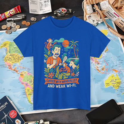 Cursed with Wanderlust and Weak Wi-Fi – Funny Tropical Traveler Frustration Tee Travel T-Shirts | Jetsetter, Airport, and International Flight Tees