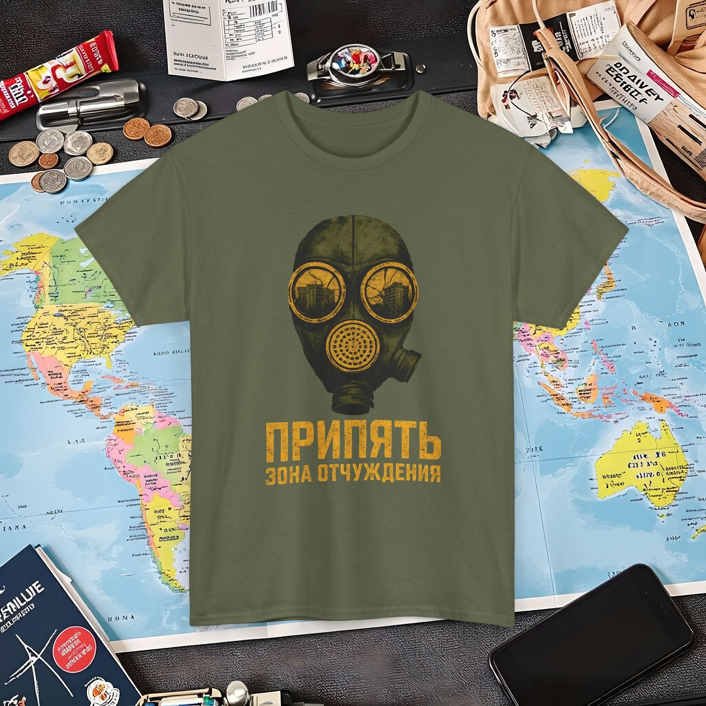 Pripyat Gas Mask with Ruined Apartment Reflection Tee – Chernobyl Dark Tourism Shirt | Layover Club Air Travel T-Shirts | Jetsetter, Airport, and International Flight Tees