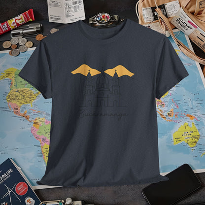 Bucaramanga Cathedral with Andes Silhouette – Vintage Colombia Travel Tee | Layover Club Air Travel T-Shirts | Jetsetter, Airport, and International Flight Tees