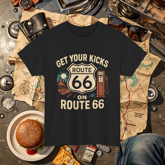 Get Your Kicks on Route 66 T-Shirt – Vintage Desert Scene with Classic Gas Pump & Roadside Vibes Road Trip & Vehicle Travel T-Shirts | Car, RV, and Motorcycle Adventure Tees