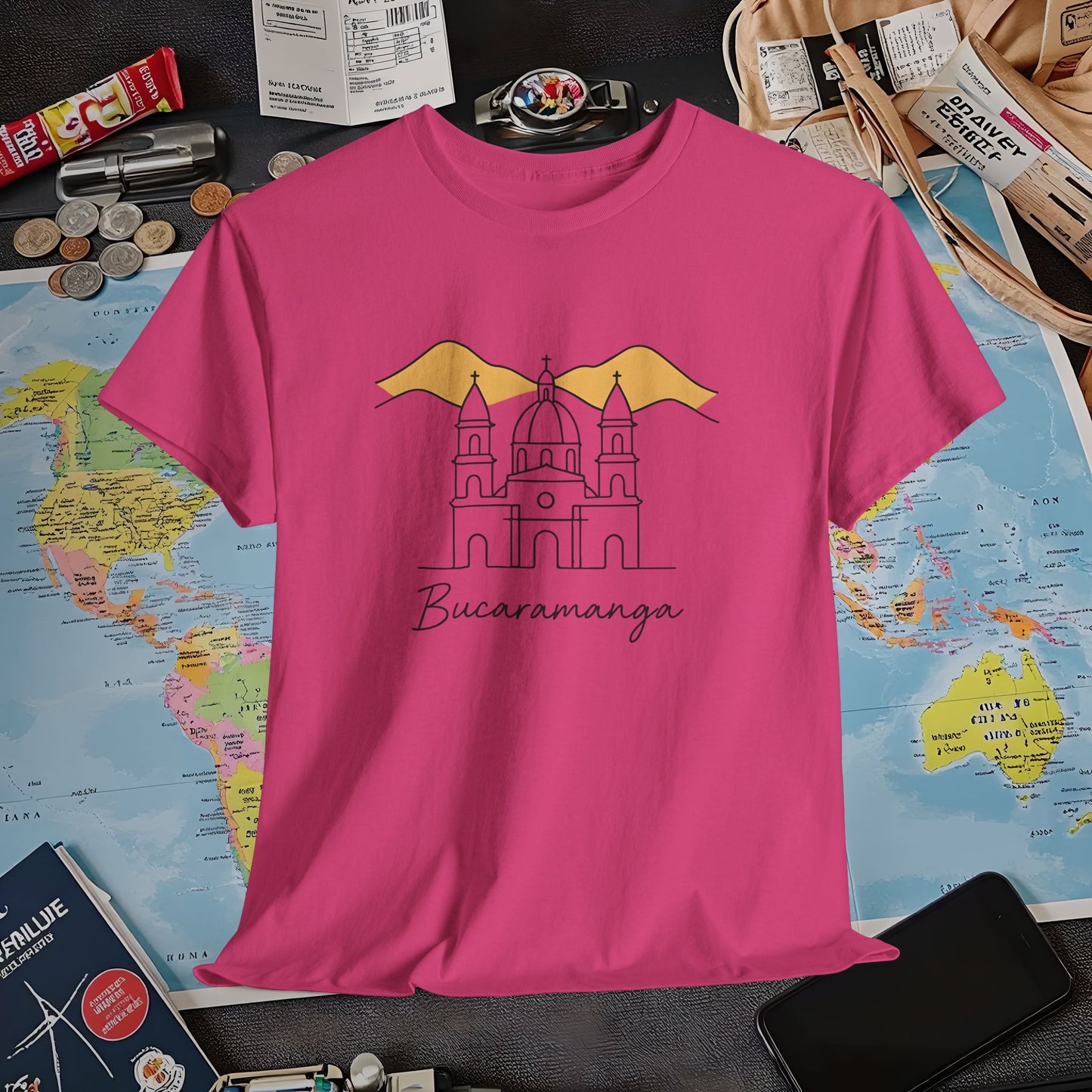 Bucaramanga Cathedral with Andes Silhouette – Vintage Colombia Travel Tee | Layover Club Air Travel T-Shirts | Jetsetter, Airport, and International Flight Tees