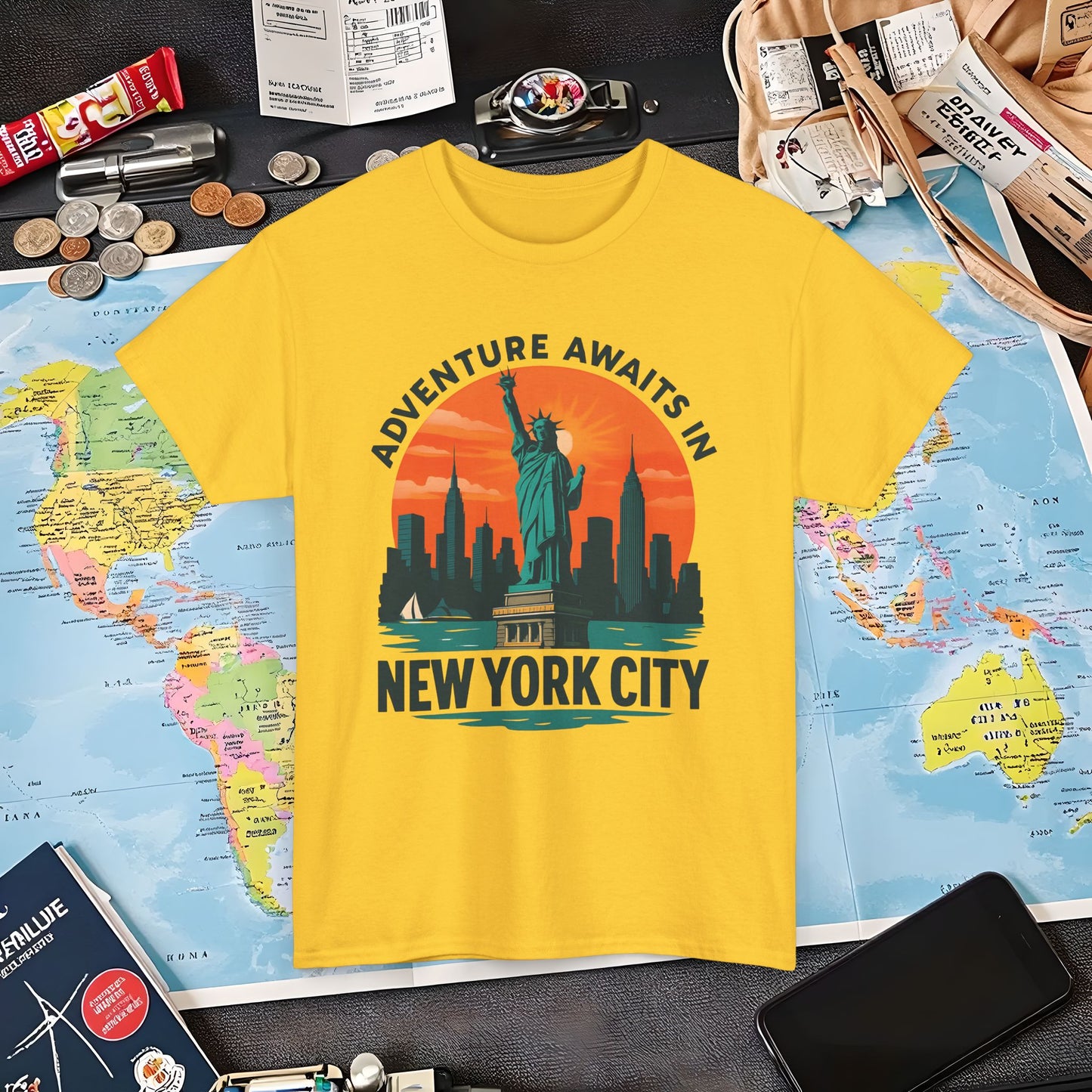 Adventure Awaits in New York City T-Shirt – Sunset Skyline with Statue of Liberty Design Air Travel T-Shirts | Jetsetter, Airport, and International Flight Tees