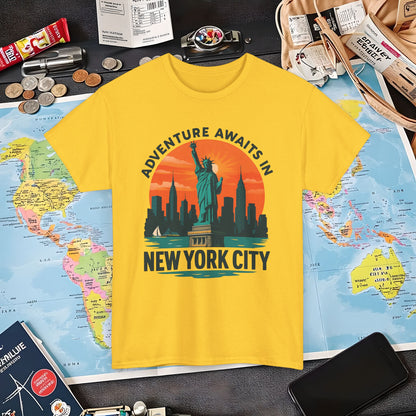 Adventure Awaits in New York City T-Shirt – Sunset Skyline with Statue of Liberty Design Air Travel T-Shirts | Jetsetter, Airport, and International Flight Tees
