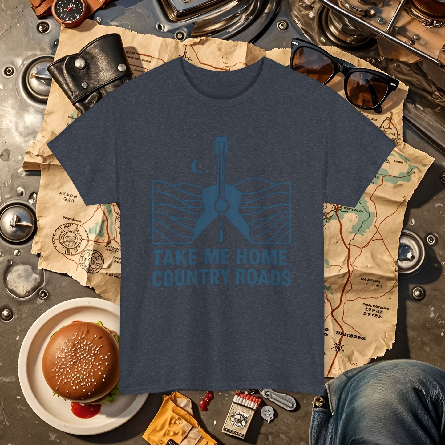 Take Me Home, Country Roads T-Shirt – Guitar Horizon & Open Highway Design Road Trip & Vehicle Travel T-Shirts | Car, RV, and Motorcycle Adventure Tees