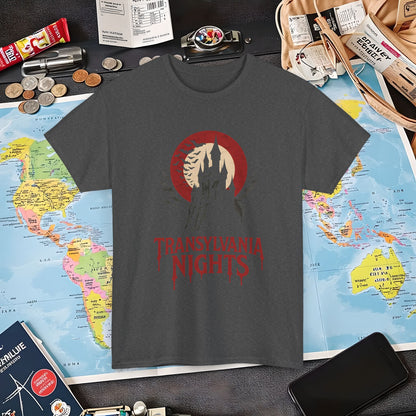 Gothic Transylvania Castle under Crimson Moon Tee – Dark Travel Romania Shirt | Layover Club Air Travel T-Shirts | Jetsetter, Airport, and International Flight Tees