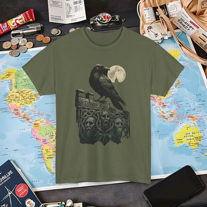 Gothic Crow on Edinburgh’s Haunted Battlements Tee – Dark Tourism Scotland Shirt | Layover Club Air Travel T-Shirts | Jetsetter, Airport, and International Flight Tees