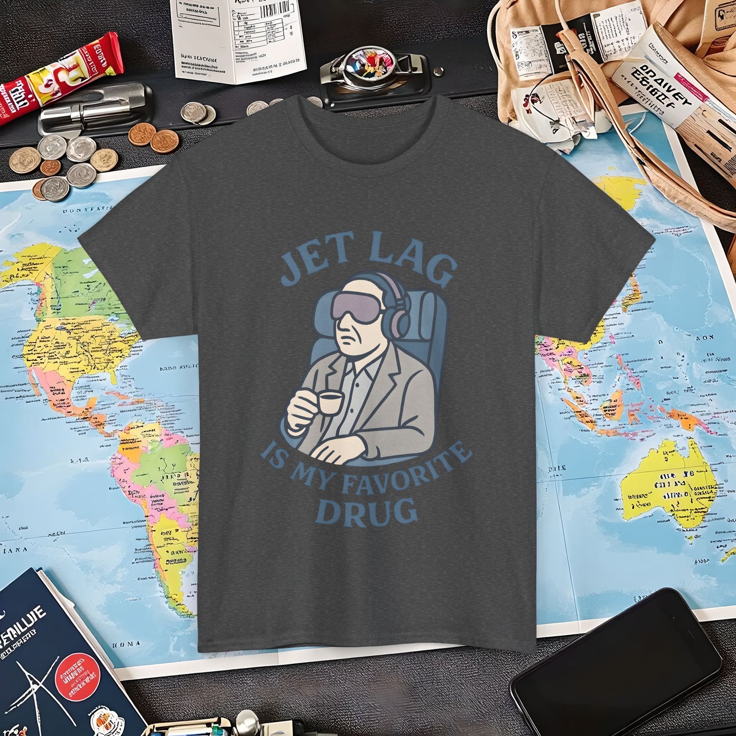 Jet Lag Is My Favorite Drug – Vintage Espresso & Travel Vibes Tee Air Travel T-Shirts | Jetsetter, Airport, and International Flight Tees