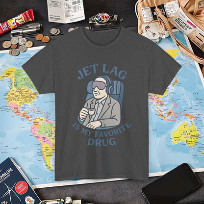 Jet Lag Is My Favorite Drug – Vintage Espresso & Travel Vibes Tee Air Travel T-Shirts | Jetsetter, Airport, and International Flight Tees