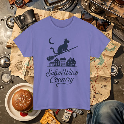 Midnight Cat on Broom – Salem Witch Country Silhouette Tee | Car, RV, and Motorcycle Adventure Tees