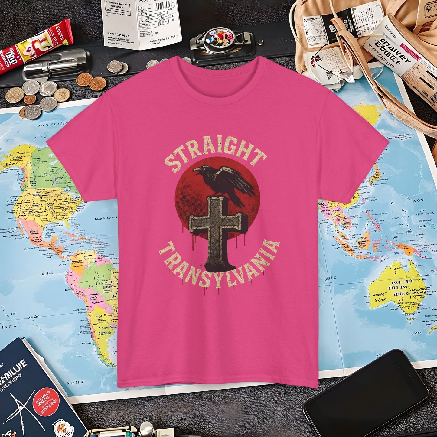Blood Moon Raven Gothic Cross Tee – Dark Transylvania Travel Shirt | Layover Club Air Travel T-Shirts | Jetsetter, Airport, and International Flight Tees