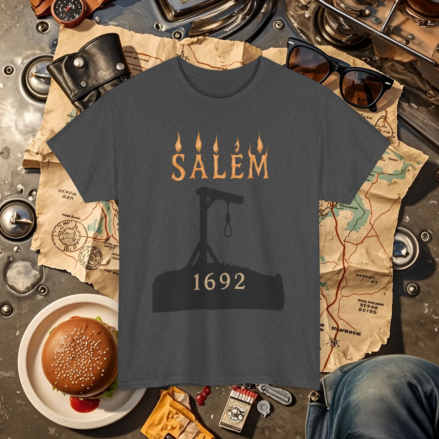 Salem 1692 Gothic Noose & Candle Flame Typography Tee – Witch Trials Dark History Shirt | Car, RV, and Motorcycle Adventure Tees