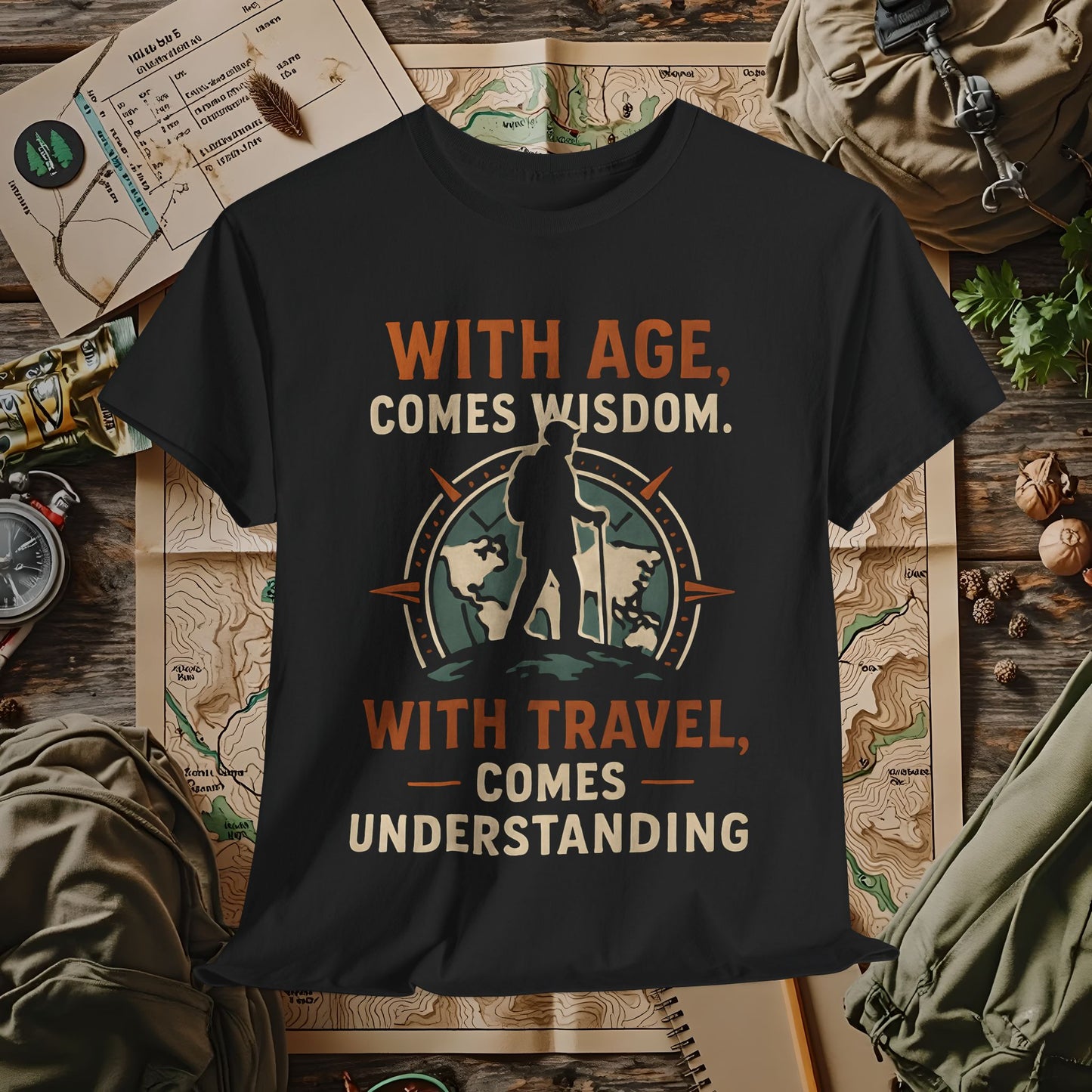 With Age Comes Wisdom, With Travel Comes Understanding Tee – Explorer Compass Design | Camping, Hiking, Rafting & Kayaking Tees for Nature Lovers