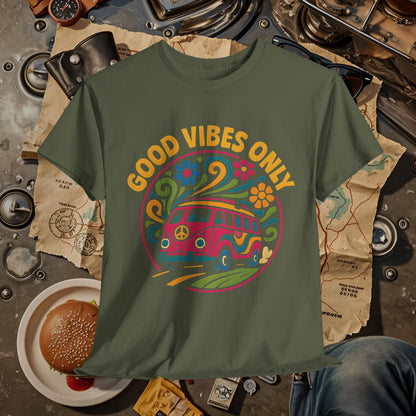 Good Vibes Only T-Shirt – Retro Hippie Van with 70s-Inspired Positivity Road Trip & Vehicle Travel T-Shirts | Car, RV, and Motorcycle Adventure Tees