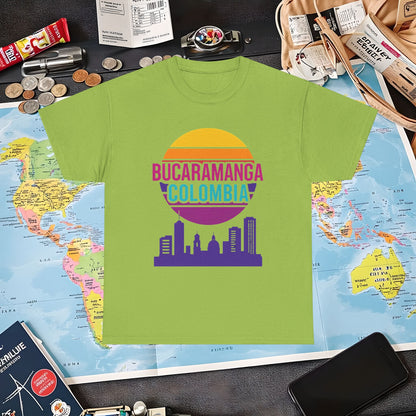 Retro Bucaramanga Skyline Sunset Tee – Vintage Colombia Travel Shirt| Layover Club Air Travel T-Shirts | Jetsetter, Airport, and International Flight Tees