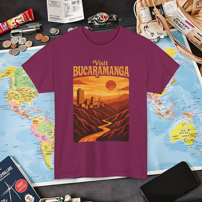 Retro Bucaramanga Skyline & Chicamocha Canyon Sunset – Vintage Colombia Travel Tee | Layover Club Air Travel T-Shirts | Jetsetter, Airport, and International Flight Tees