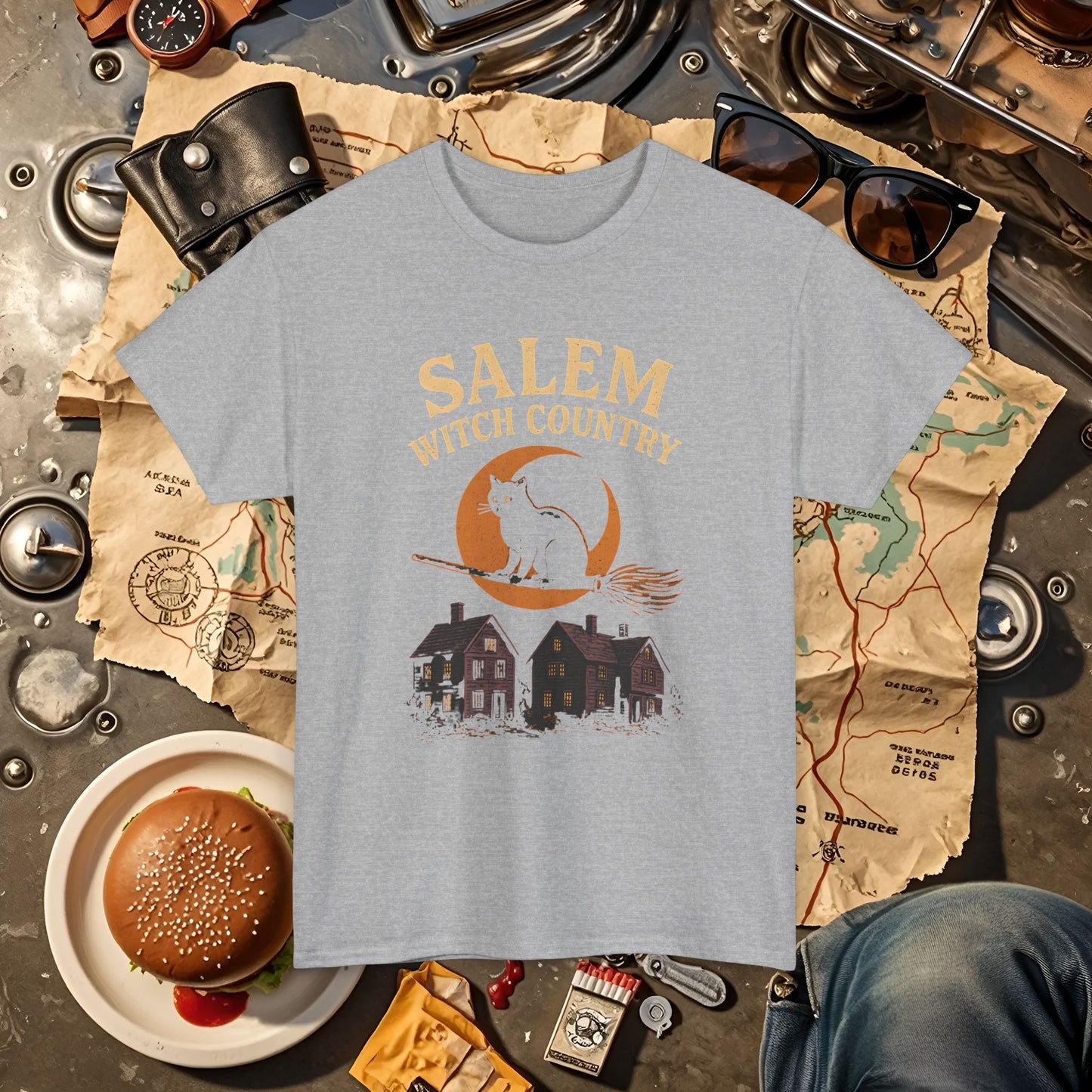 Salem Witch Country Black Cat & Moon Graphic Tee – Gothic Massachusetts Travel Shirt | Car, RV, and Motorcycle Adventure Tees
