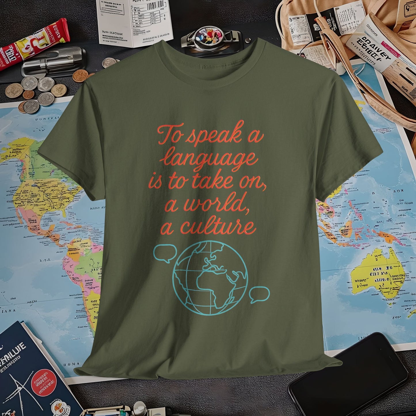 To Speak a Language Is to Take on a World – Cultural Connection Tee with Globe & Speech Bubbles | Layover Club Air Travel T-Shirts | Jetsetter, Airport, and International Flight Tees