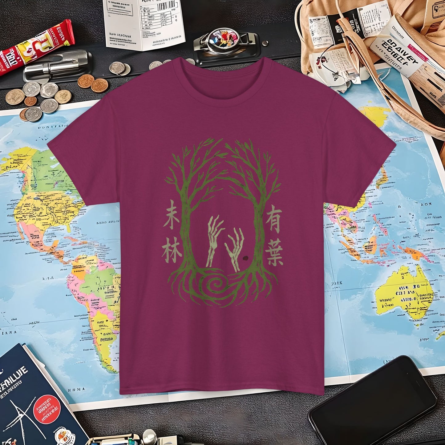 Aokigahara Tree Tunnel with Rising Skeleton Hands Tee – Haunted Japan Travel Shirt | Layover Club Air Travel T-Shirts | Jetsetter, Airport, and International Flight Tees