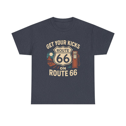 Get Your Kicks on Route 66 T-Shirt – Vintage Desert Scene with Classic Gas Pump & Roadside Vibes Road Trip & Vehicle Travel T-Shirts | Car, RV, and Motorcycle Adventure Tees