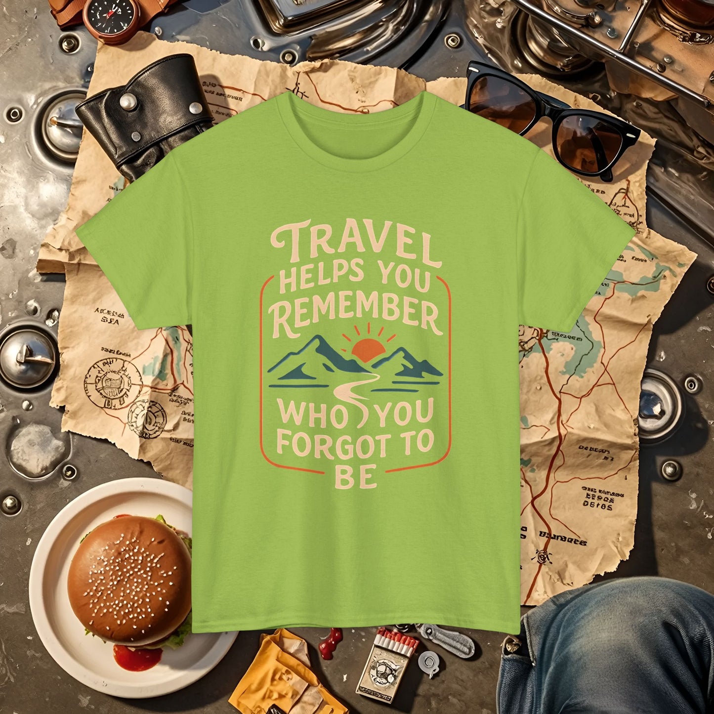 Travel Helps You Remember Who You Forgot to Be Tee – Retro Mountain Road Quote Shirt Road Trip & Vehicle Travel T-Shirts | Car, RV, and Motorcycle Adventure Tees