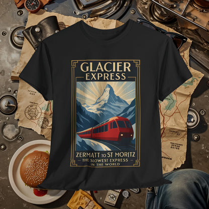Glacier Express – Art Deco Alpine Train Adventure Tee Road Trip & Vehicle Travel T-Shirts | Car, RV, and Motorcycle Adventure Tees