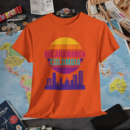 Retro Bucaramanga Skyline Sunset Tee – Vintage Colombia Travel Shirt| Layover Club Air Travel T-Shirts | Jetsetter, Airport, and International Flight Tees