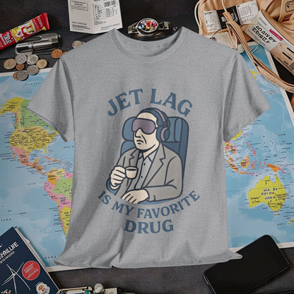 Jet Lag Is My Favorite Drug – Vintage Espresso & Travel Vibes Tee Air Travel T-Shirts | Jetsetter, Airport, and International Flight Tees