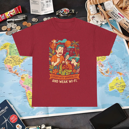 Cursed with Wanderlust and Weak Wi-Fi – Funny Tropical Traveler Frustration Tee Travel T-Shirts | Jetsetter, Airport, and International Flight Tees