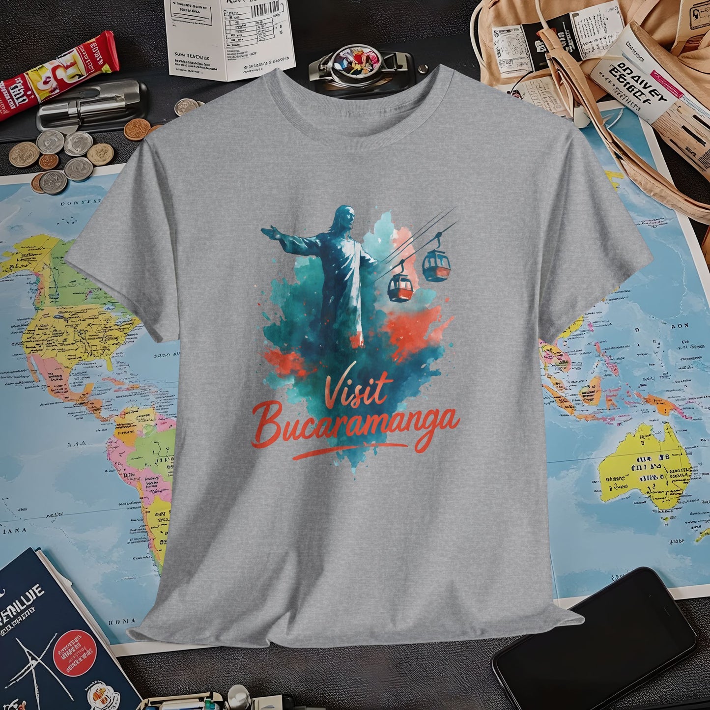 Cerro del Santísimo & Cable Car – Vibrant Watercolor Colombia Travel Tee | Layover Club Air Travel T-Shirts | Jetsetter, Airport, and International Flight Tees