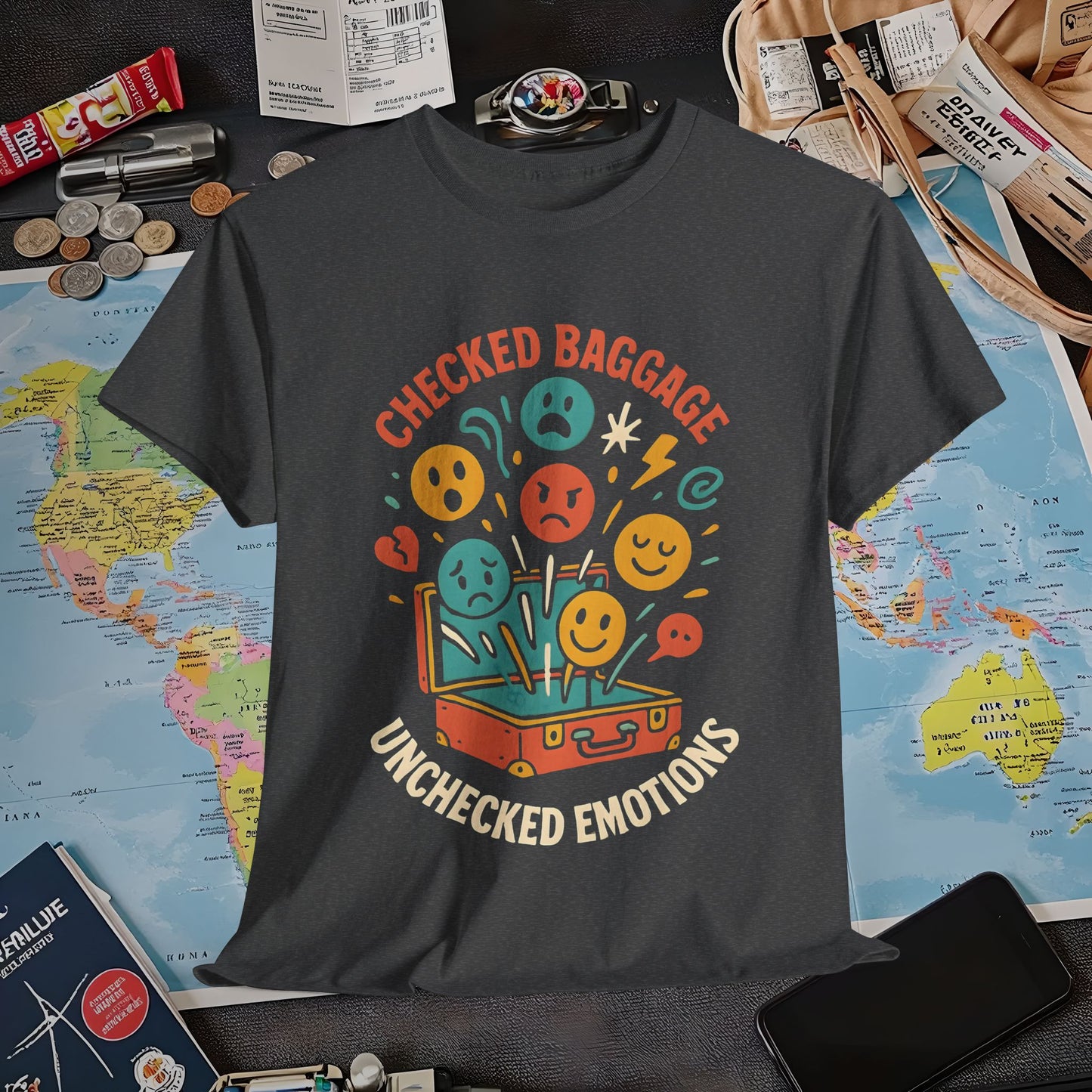 Checked Baggage Unchecked Emotions T-Shirt – Vintage Emoticons Luggage Travel Tee for Emotional Travelers Air Travel T-Shirts | Jetsetter, Airport, and International Flight Tees