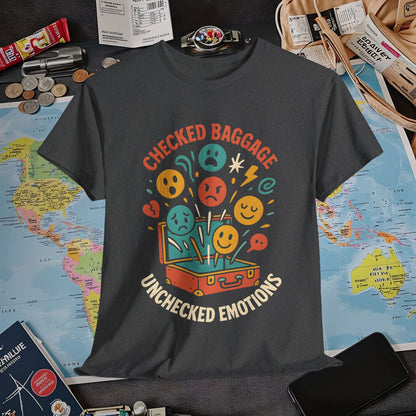 Checked Baggage Unchecked Emotions T-Shirt – Vintage Emoticons Luggage Travel Tee for Emotional Travelers Air Travel T-Shirts | Jetsetter, Airport, and International Flight Tees