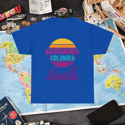 Retro Bucaramanga Skyline Sunset Tee – Vintage Colombia Travel Shirt| Layover Club Air Travel T-Shirts | Jetsetter, Airport, and International Flight Tees
