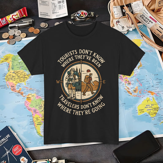 Tourists vs. Travelers – Vintage Compass Emblem Quote Tee | Layover Club Air Travel T-Shirts | Jetsetter, Airport, and International Flight Tees