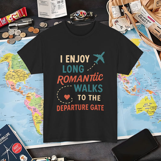 Long Romantic Walks to the Departure Gate Tee – Playful Vintage Travel Shirt Air Travel T-Shirts | Jetsetter, Airport, and International Flight Tees