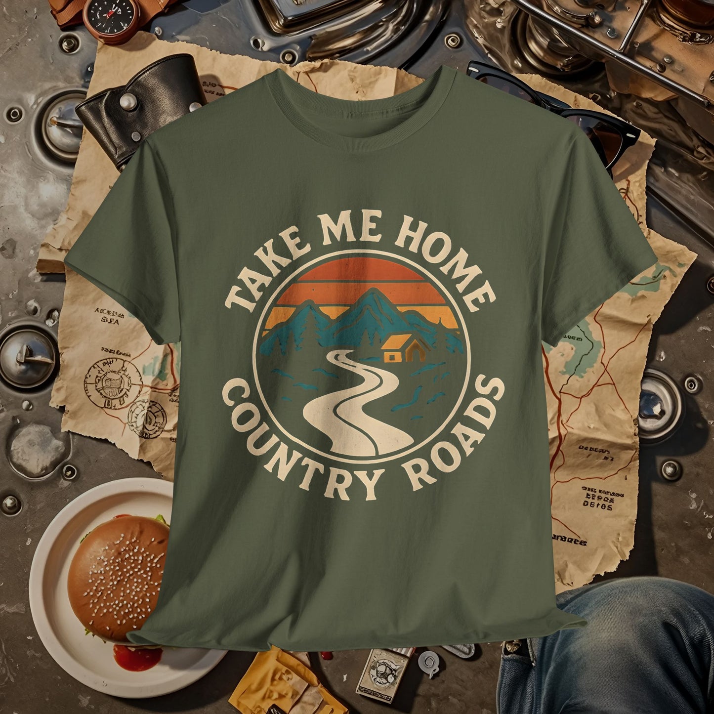 Take Me Home Country Roads T-Shirt – Retro Mountain Road to Cozy Cabin Design Road Trip & Vehicle Travel T-Shirts | Car, RV, and Motorcycle Adventure Tees