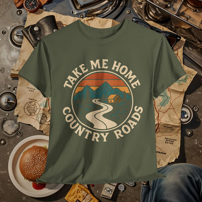 Take Me Home Country Roads T-Shirt – Retro Mountain Road to Cozy Cabin Design Road Trip & Vehicle Travel T-Shirts | Car, RV, and Motorcycle Adventure Tees