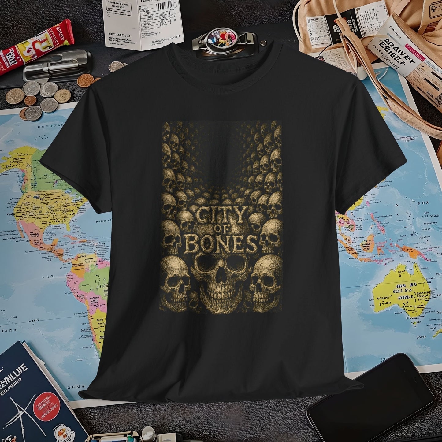 City of Bones Paris Tee – Gothic Skull Catacomb Tunnel Artwork | Layover Club Air Travel T-Shirts | Jetsetter, Airport, and International Flight Tees