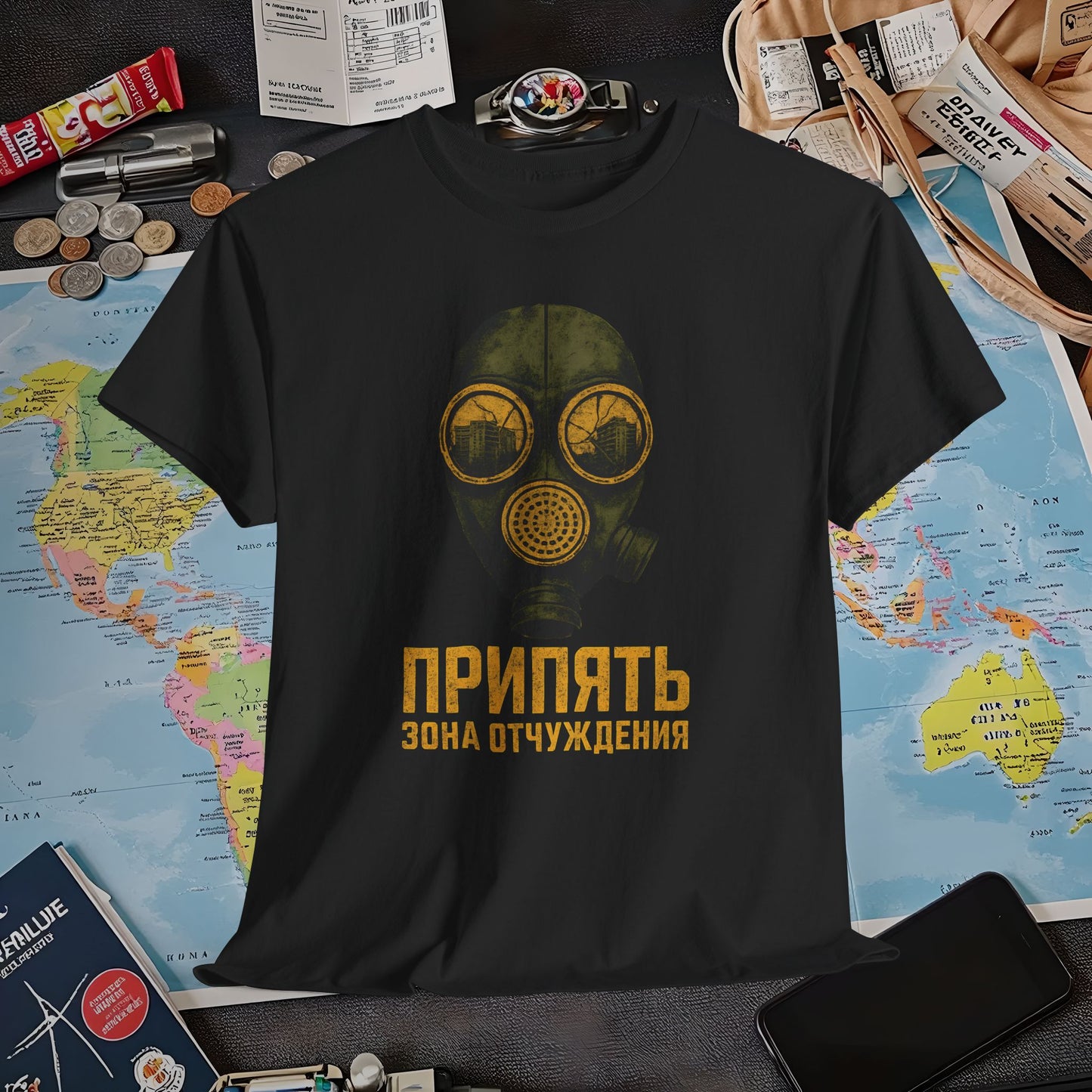 Pripyat Gas Mask with Ruined Apartment Reflection Tee – Chernobyl Dark Tourism Shirt | Layover Club Air Travel T-Shirts | Jetsetter, Airport, and International Flight Tees