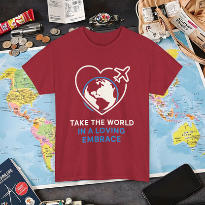 Take the World in a Loving Embrace T-Shirt – Heart in Flight Over Globe Design Air Travel T-Shirts | Jetsetter, Airport, and International Flight Tees