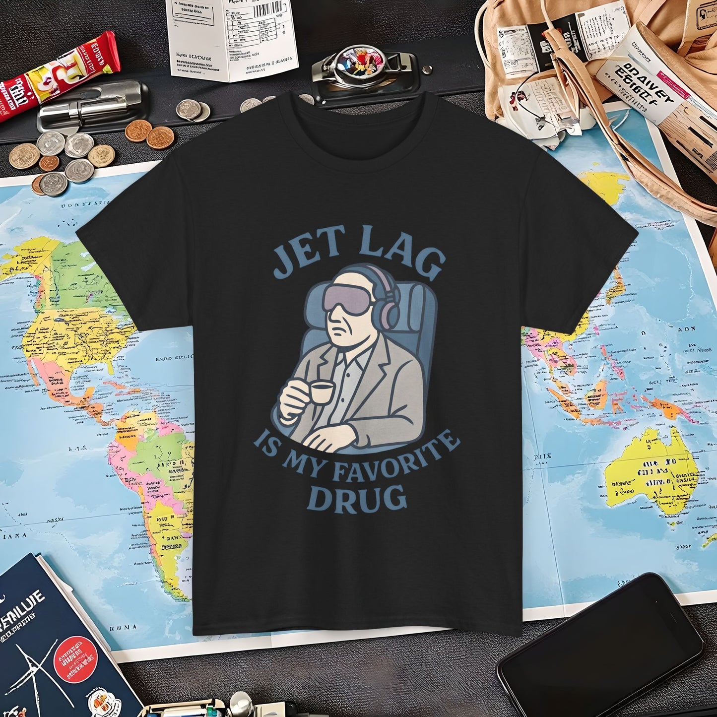 Jet Lag Is My Favorite Drug – Vintage Espresso & Travel Vibes Tee Air Travel T-Shirts | Jetsetter, Airport, and International Flight Tees