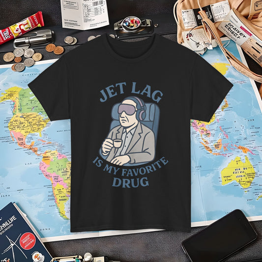 Jet Lag Is My Favorite Drug – Vintage Espresso & Travel Vibes Tee Air Travel T-Shirts | Jetsetter, Airport, and International Flight Tees