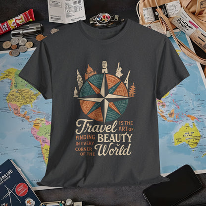 Travel Is the Art of Finding Beauty – Vintage Compass Rose & World Landmark Tee | Layover Club Air Travel T-Shirts | Jetsetter, Airport, and International Flight Tees