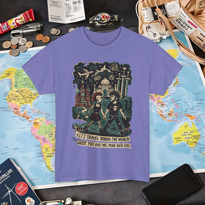 Let’s Travel 'Round the World, Just You and Me – Punk Rock Girl Global Adventure Tee Air Travel T-Shirts | Jetsetter, Airport, and International Flight Tees